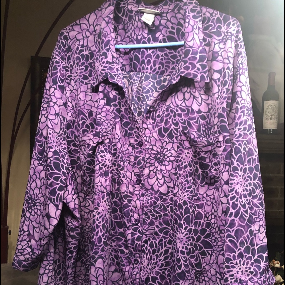 Catherine’s 5X button down shirt. Purple with pattern.